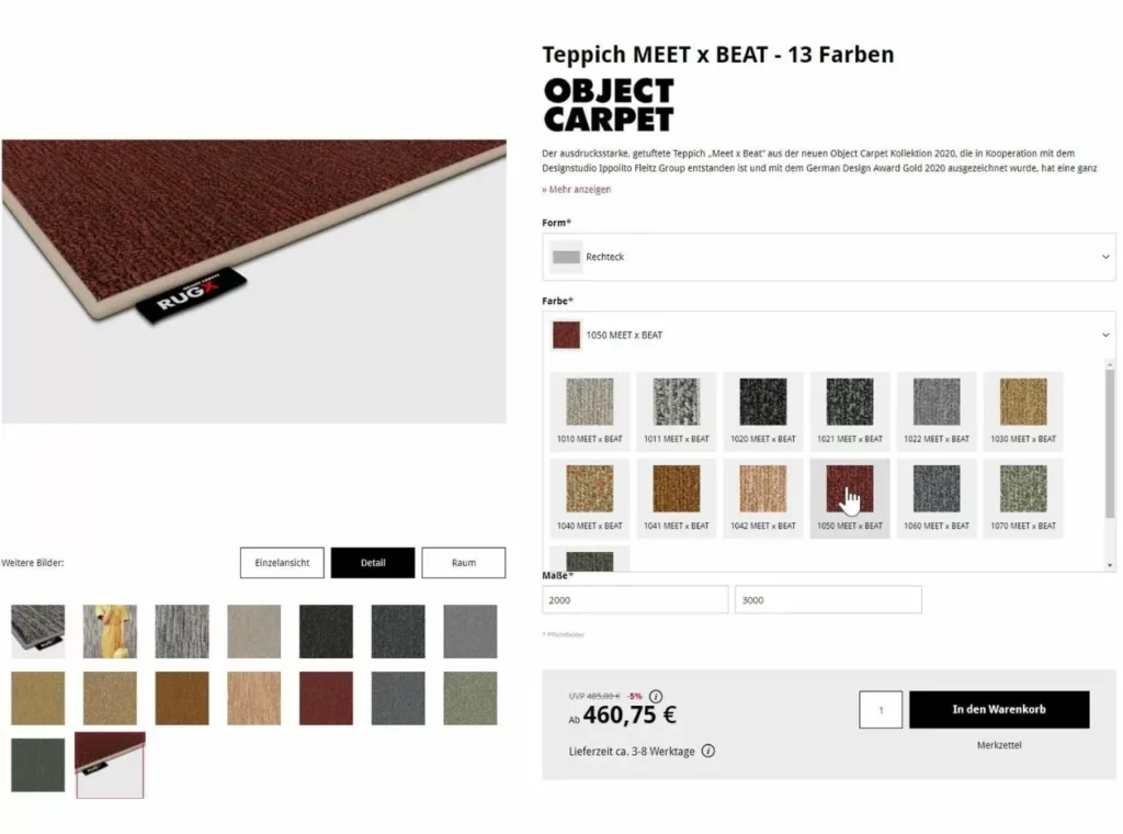 produktkonfigurator-im-online-shop.jpg Produktkonfigurator mit Auswahloptionen rund um den Teppich im Online-Shop von Lamisse