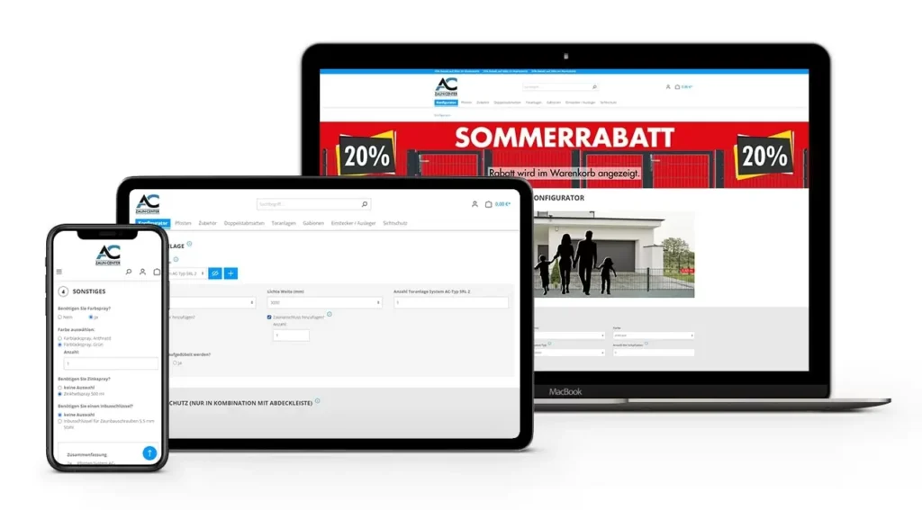 shopware-produkt-konfigurator-ac-zaun-center.jpg Abbildung des Shopware 6 Produkt Konfigurators des Kundens AC Zaun Center auf Desktop, Tablet, Smartphone