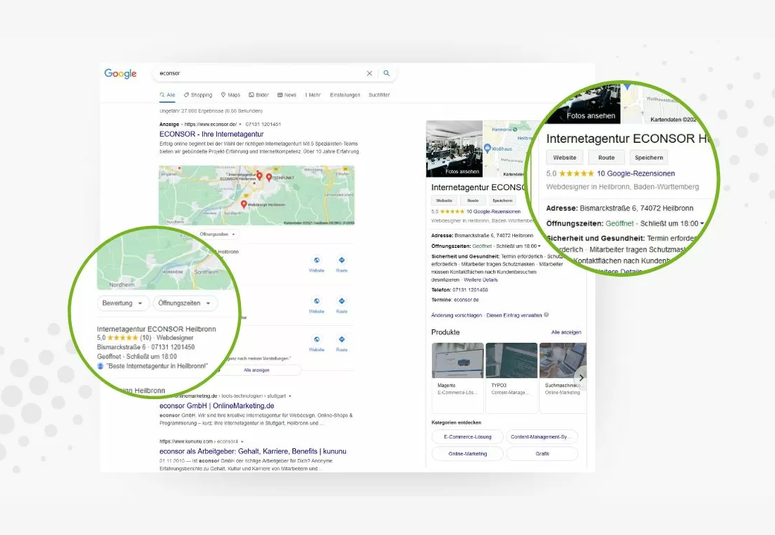 was-ist-google-my-business-10-tipps-fuer-ihren-unternehmenseintrag Eine Grafik, die den ECONSOR Firmeneintrag in Google zeigt