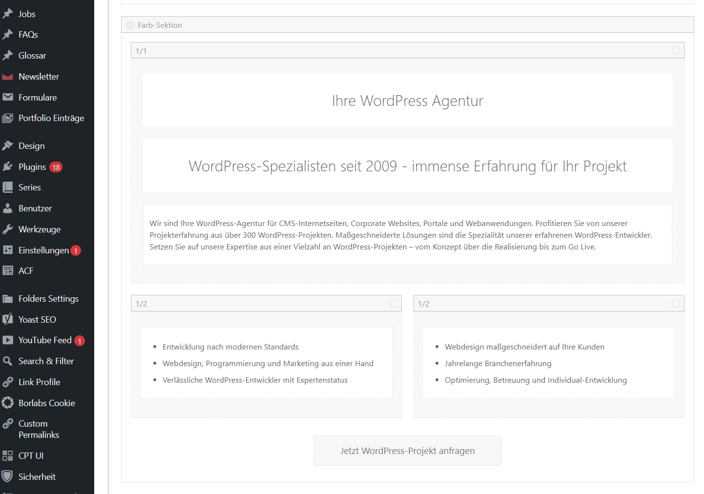 Screenshot aus dem WordPress Backend