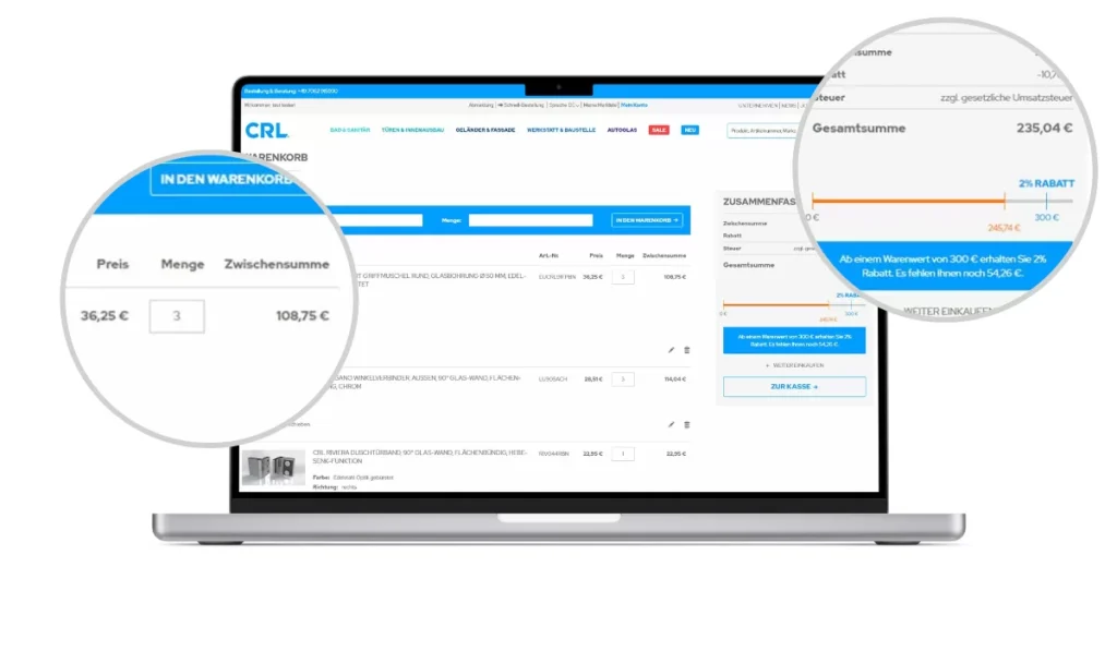 Preisstaffel-im-Warenkorb-CRL.png Preisstaffelung durch kundenindividuelle Preise, Mengenrabatte, etc.