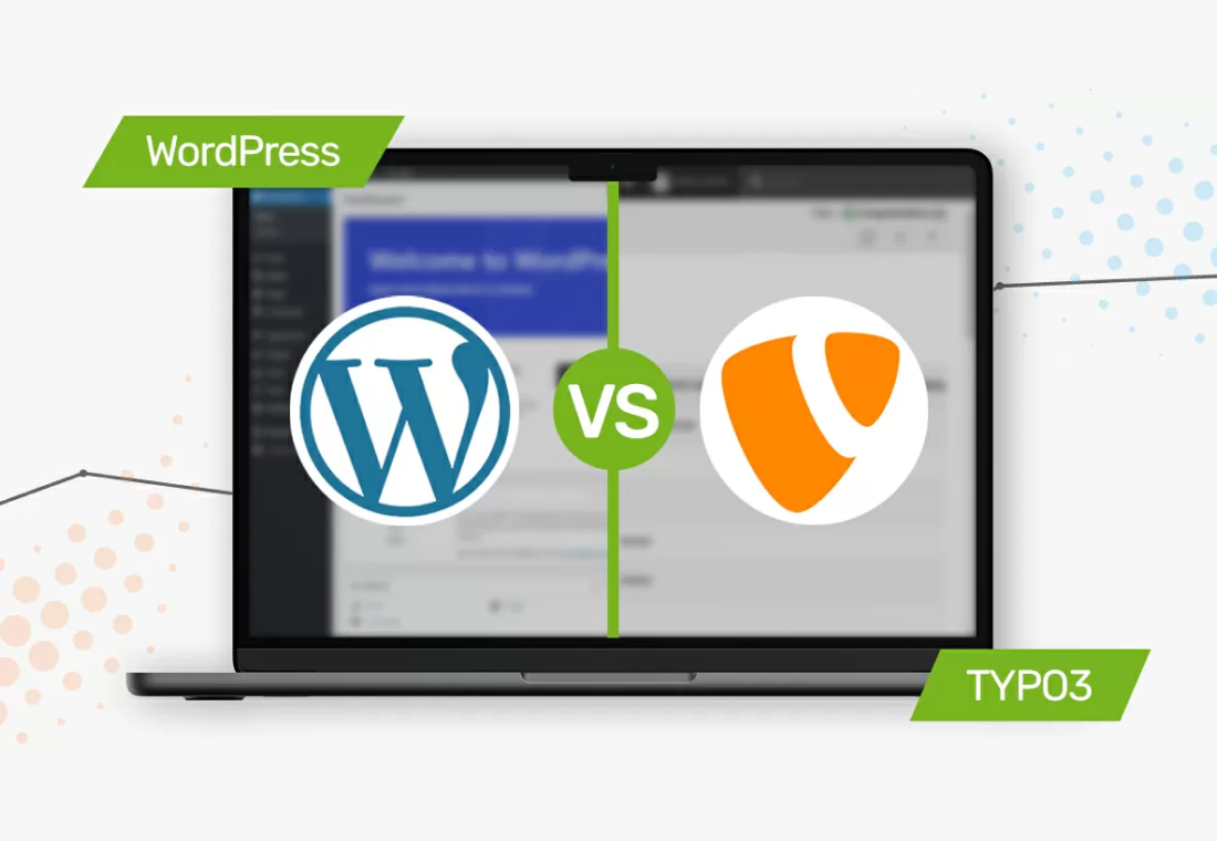 typo3-vs-wordpress Ein Laptop, der einen Splitscreen mit einem WordPress Logo und mit einem TYPO3 Logo aufzeigt.