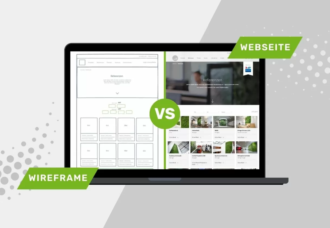 Ein Laptop mit einem Splitscreen. Wireframing vs. fertiges Webdesign