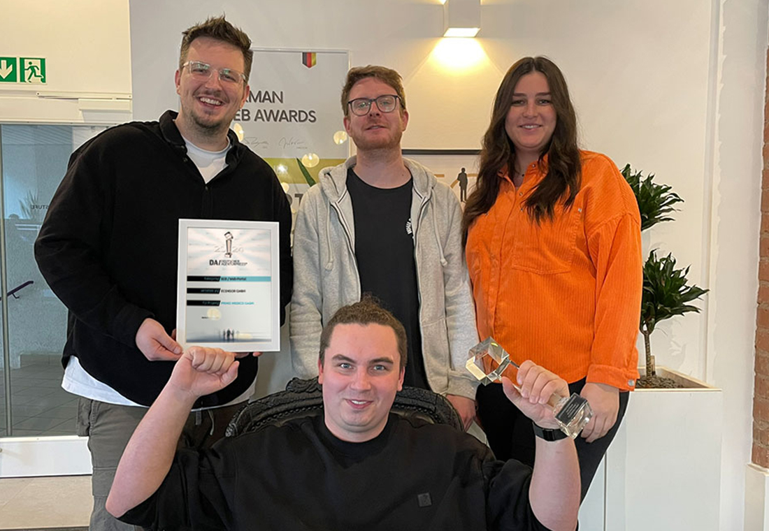 Unsere Experten präsentieren stolz den Pokal und das Zertifikat des deutschen Agenturpreises für das Projekt Primo Medico.