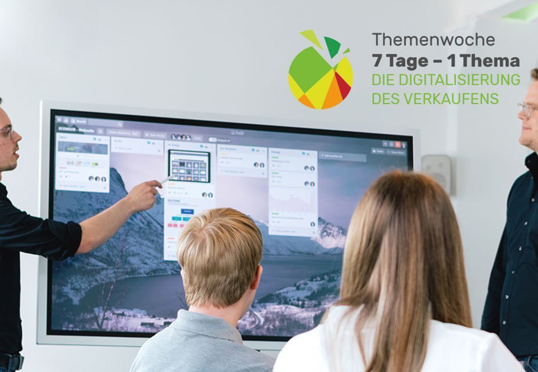 Blog econsor Themenwoche Mit Online-Marketing den digitalen Vertrieb pushen Mitarbeiter in einer Besprechungssituation vor einem Bildschirm