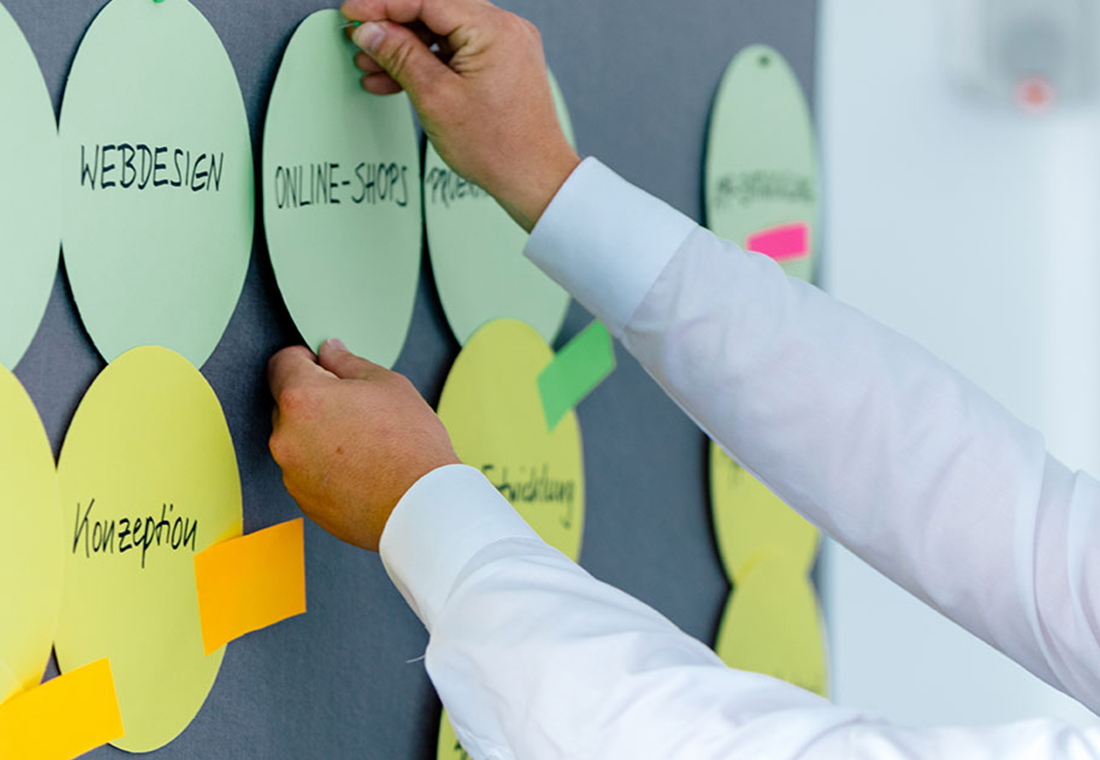 Mitarbeiter an der Pinnwand am Bauen einer Mindmap