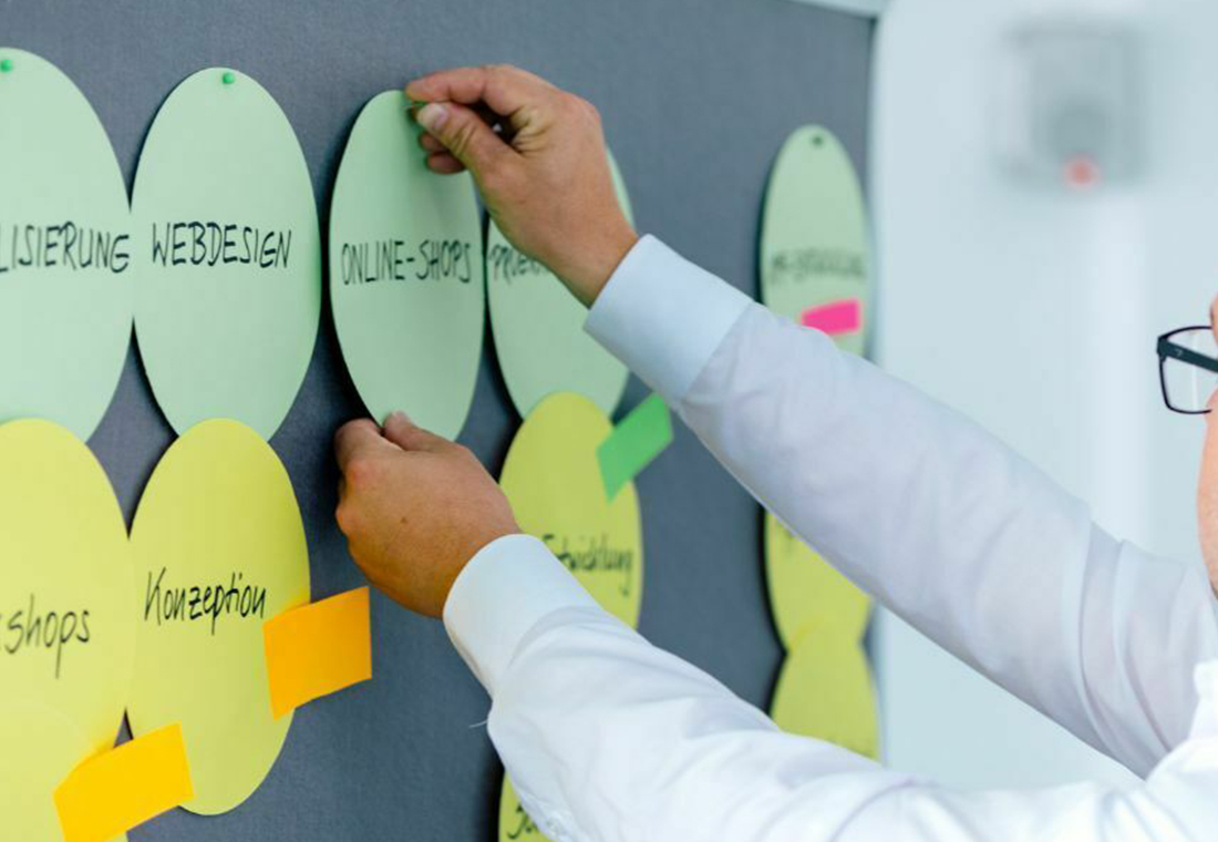 Mitarbeiter an der Pinnwand am Bauen einer Mindmap