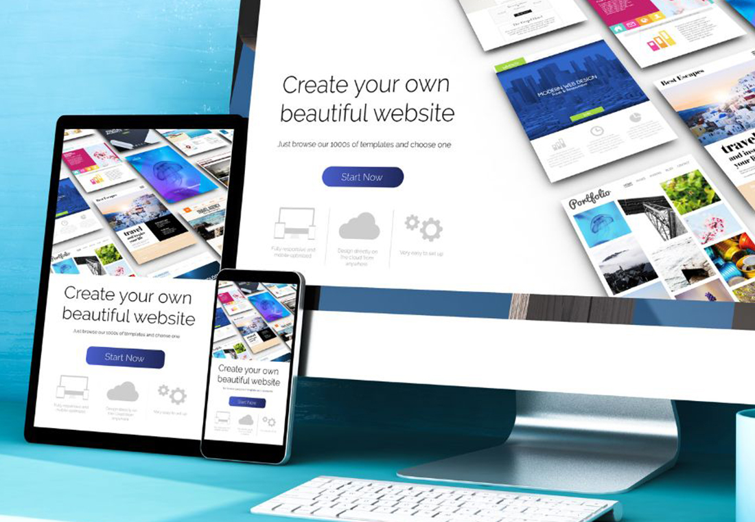PC, Tablet und Smartphone zeigen die gleiche Webseite eines Page Builders.