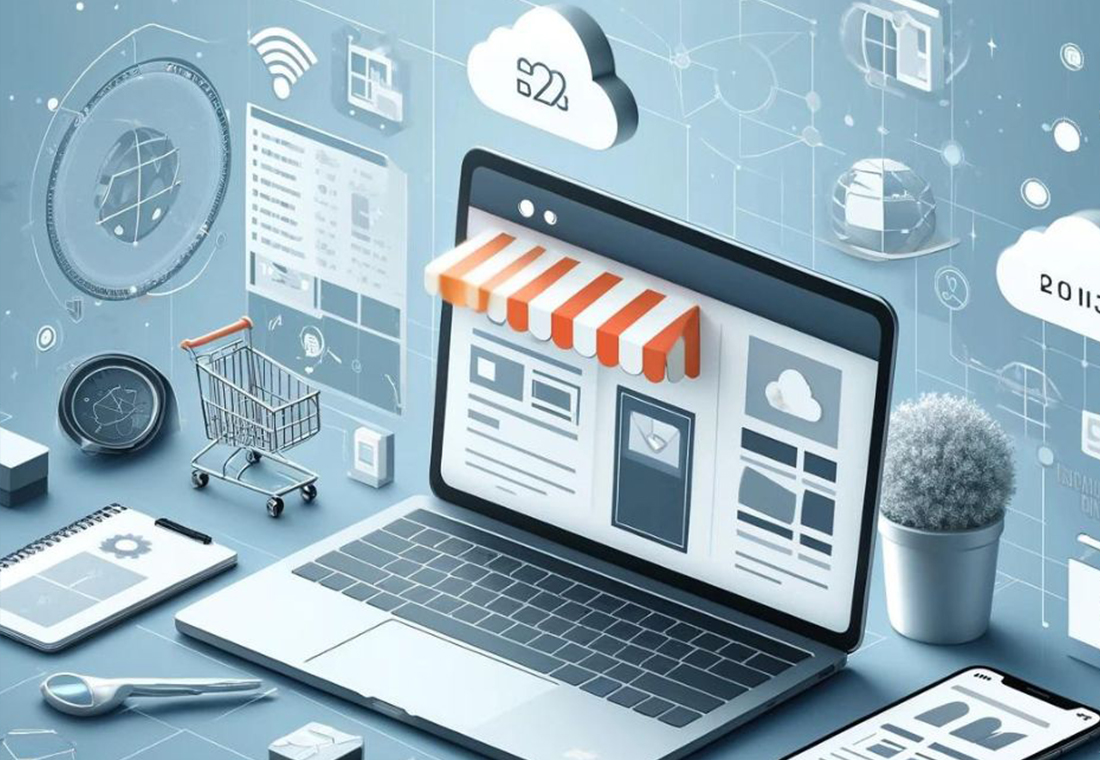 Laptop mit verschiedenen Icons und Objekten drum herum