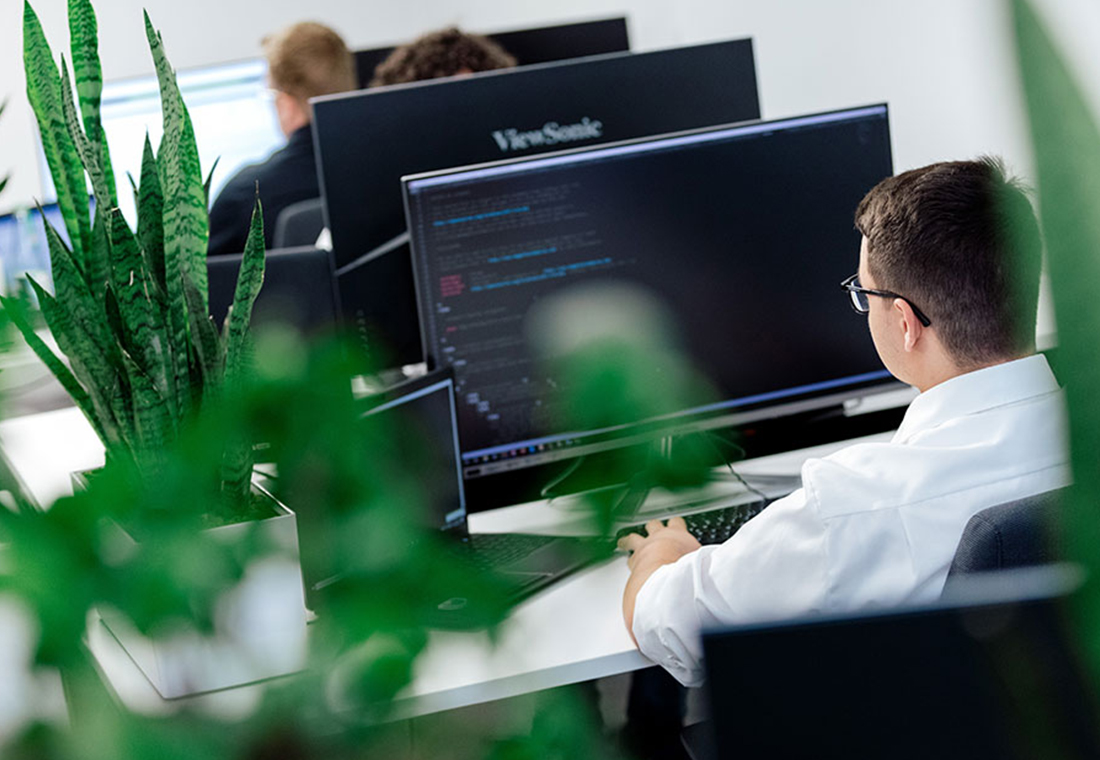 Grünes Büro mit Mitarbeitern, die am PC arbeiten