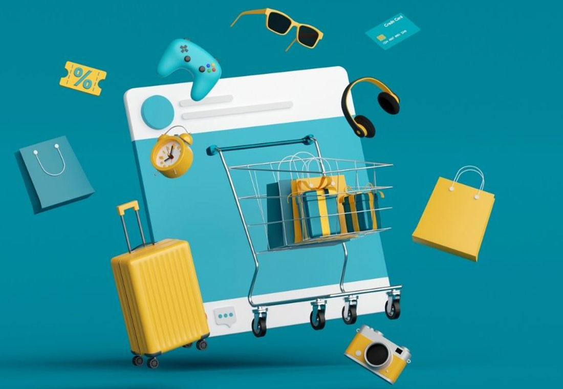 Zeichnung von Elementen, die zu einem Onlineshop passen.