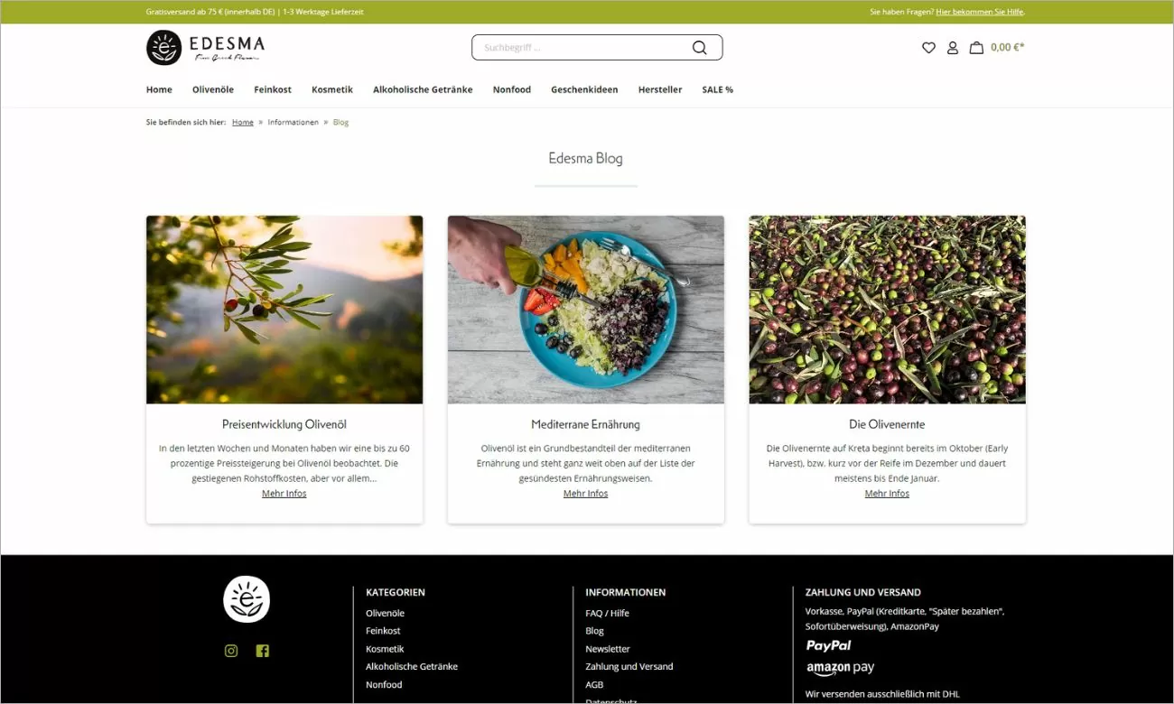 Edesma-Blog-mit-Produktverlinkungen.jpg Screenshot des Blogs des EDESMA-Shops. Es sind drei verschiedene News-Artikel nebeneinander abgebildet. Diese sind jeweils mit einem Highlightbild und einem kurzen Einleitungstext versehen.