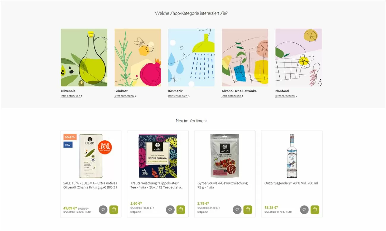 Edesma-Design.jpg Screenshot des EDESMA-Shops. Die Seite ist von einem frischen und bunten Erscheinungsbild geprägt. Im oberen Teil sind mehrere Kategorien nebeneinander zur Auswahl angeordnet. Darunter befinden sich vier Artikel die neu im Sortiment sind.