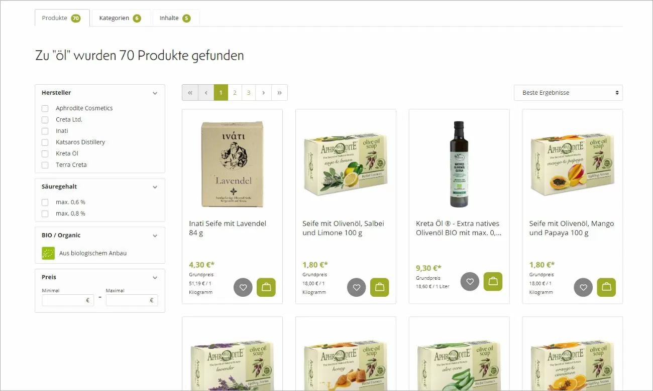 Edesma-Erweiterte-Suche.jpg Screenshot einer Produktseite des EDESMA-Shops. Die Seite ist von einem weißen und olivgrünen Erscheinungsbild geprägt. Auf der linken Seite ist es möglich die Produkte nach verschiedenen Kriterien zu filtern. Auf der rechten Seite sind mehrere Produkte nebeneinander und übereinander in kleinen Kacheln abgebildet.