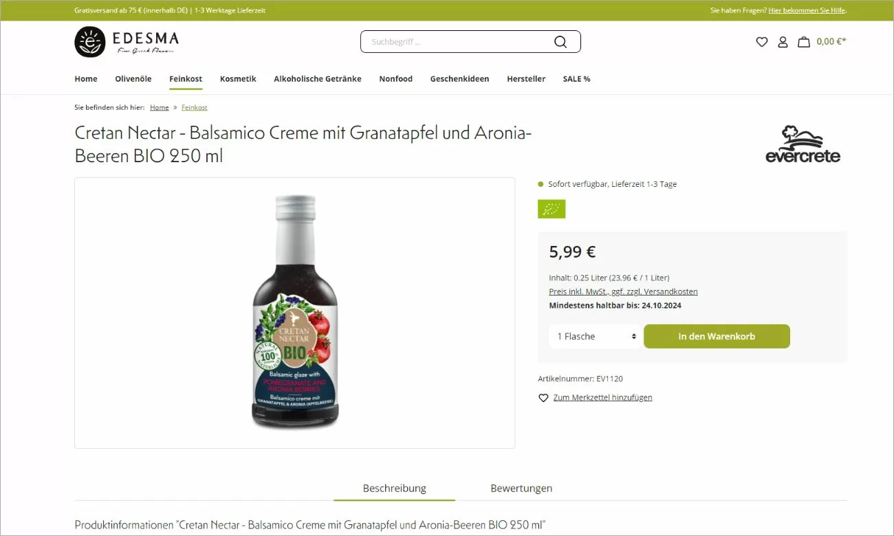 Edesma-Produktdetailseite.jpg Screenshot einer Produktdetailseite des EDESMA-Shops. Die Seite ist von einem weißen und olivgrünen Erscheinungsbild geprägt. Auf der linken Seite ist das Produkt auf einem großen Bild abgebildet Auf der rechten Seite ist der Preis des Produktes gekennzeichnet. Des Weiteren hat man die Möglichkeit die Anzahl der Produkte auszuwählen und diese über einen olivgrünen Button in den Warenkorb zu legen.