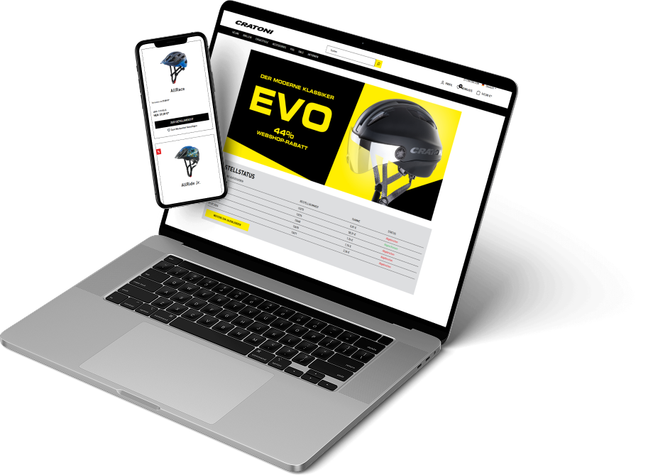 MacBook Pro 16 Das Bild zeigt Mockups von einem Laptop und einem Smartphone. Die Bildschirme bilden den Online-Shop von Cratoni ab.