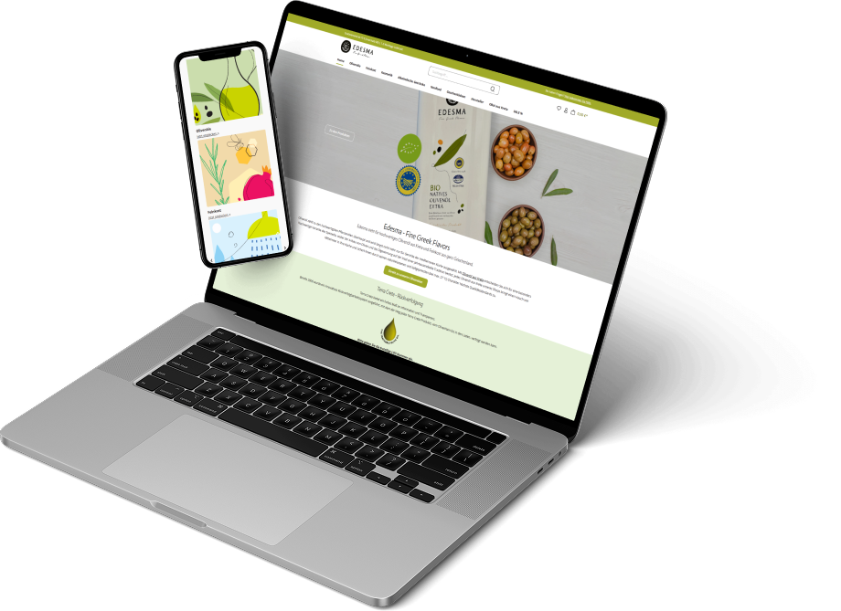 MacBook Pro 16 Das Bild zeigt Mockups von einem Laptop und einem Smartphone. Die Bildschirme bilden den Online-Shop von EDESMA ab.