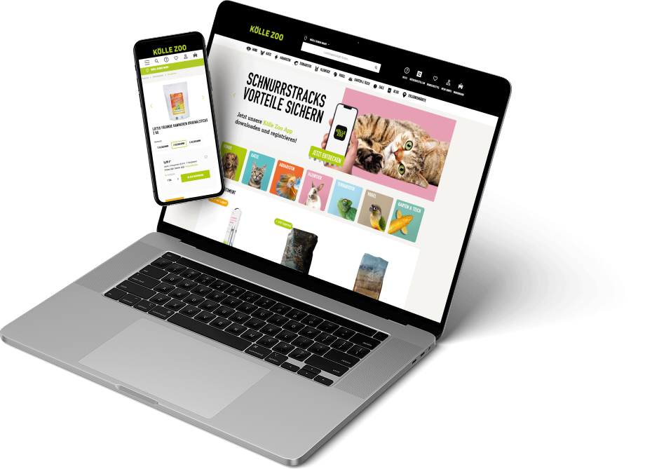 Das Bild zeigt Mockups von einem Laptop und einem Smartphone. Die Bildschirme bilden den Online-Shop von Kölle Zoo ab.