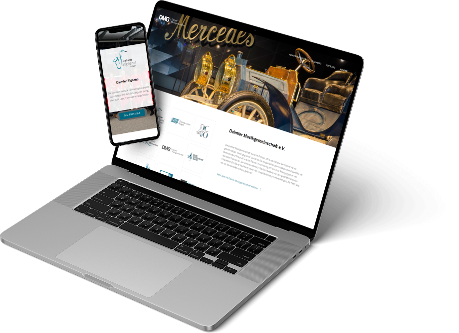 -Macbook-Pro Das Bild zeigt Mockups von einem Laptop und einem Smartphone. Die Bildschirme bilden die Website von DMG ab.