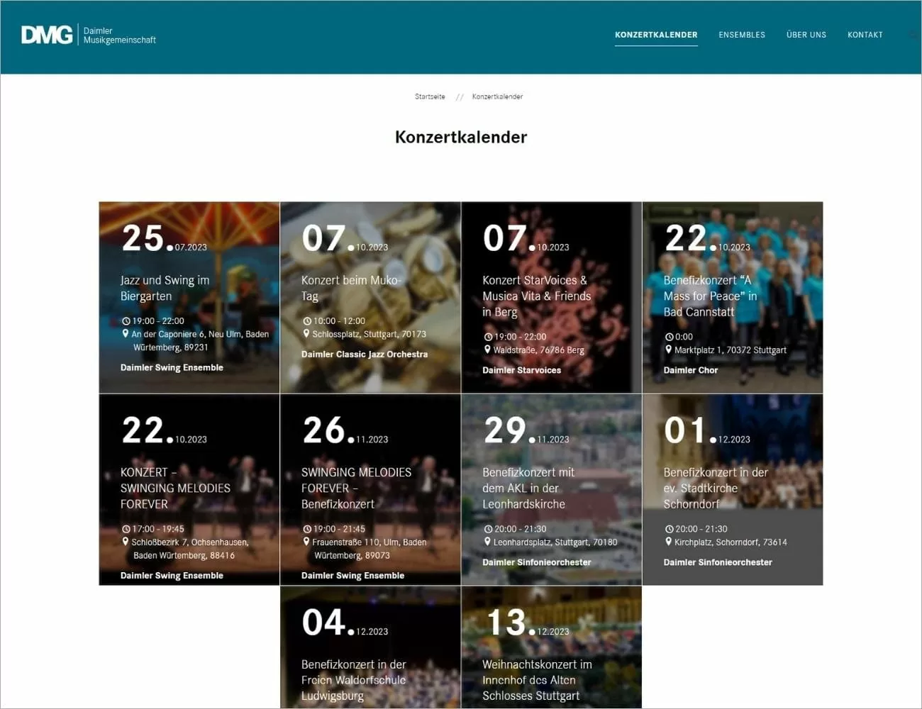 Projekt-Highlight DMG 3 Screenshot des Konzertkalenders auf der DMG-Website. Der Konzertkalender ist in mehreren Kästchen über-und nebeneinander angeordnet und mit ansprechenden Bildern hinterlegt.