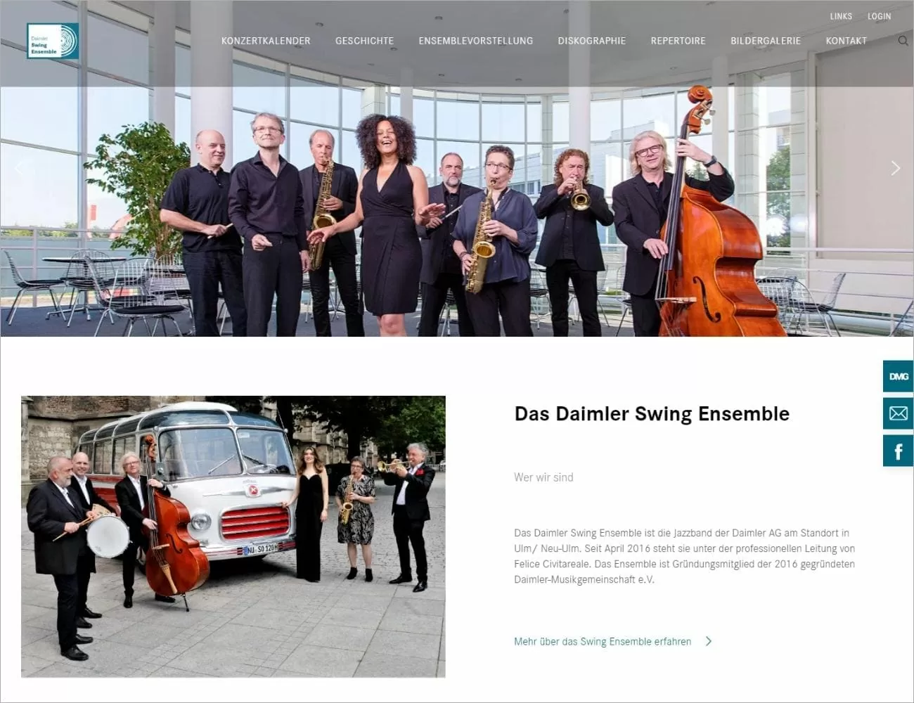 Projekt highlight DMG Webdesign 1 Screenshot einer Ensembleseite. Im oberen Teil der Seite sind mehrere Musiker abgebildet. Im unteren Teil steht unter der Überschrift "Das Daimler Swing Ensemble" Fließtext.