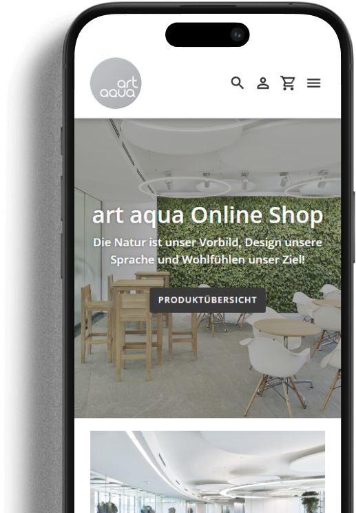 Smartphone-Ansicht der art aqua Website mit grünem Living Wall Hintergrund und modernem Interieur. Der Text lautet: 'art aqua Online Shop – Die Natur ist unser Vorbild, Design unsere Sprache und Wohlfühlen unser Ziel!