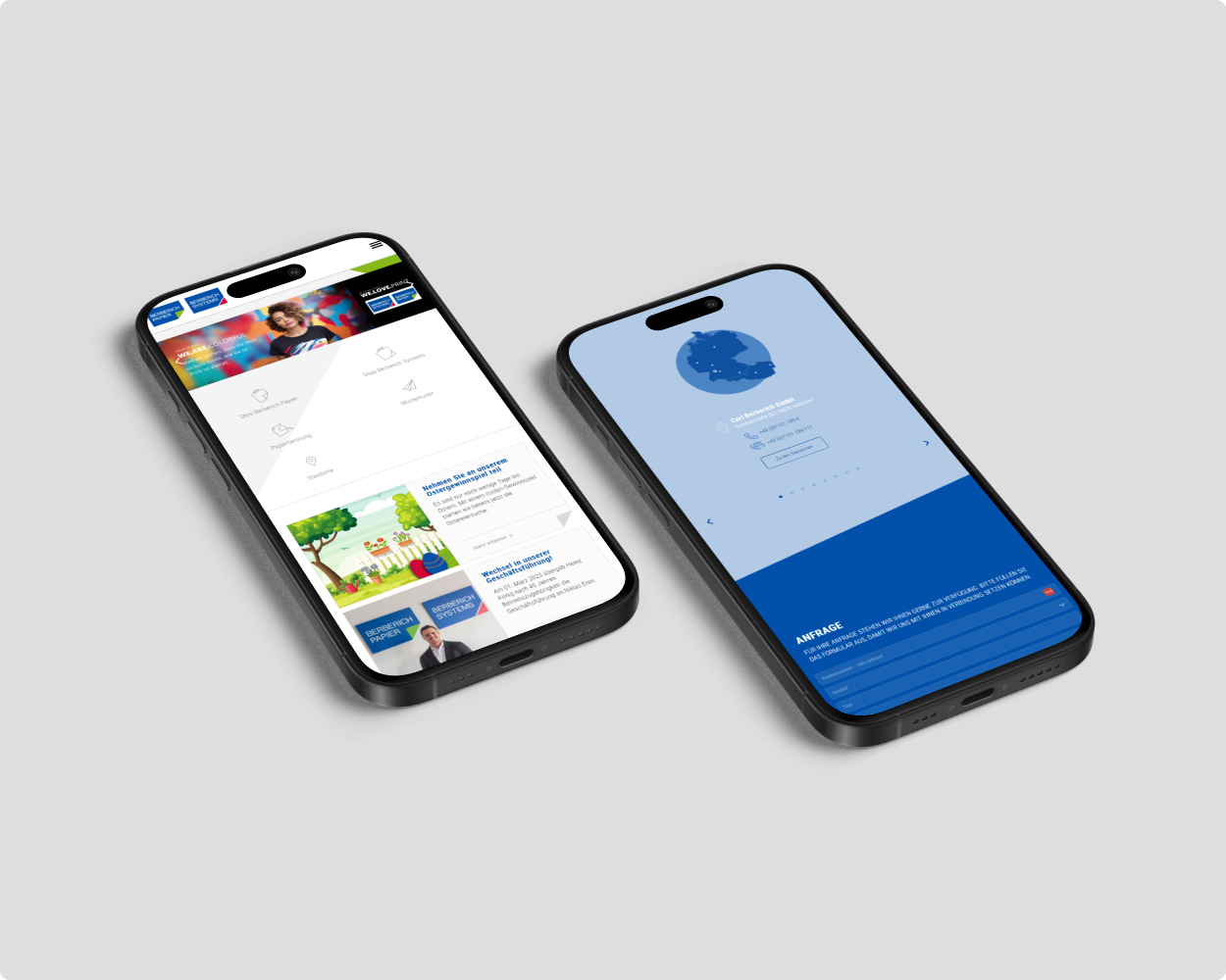 berberich papier Website Mockup Zwei Papierstapel mit Papier von Berberich Papier. Einer von den Stapeln ist im Fokus.