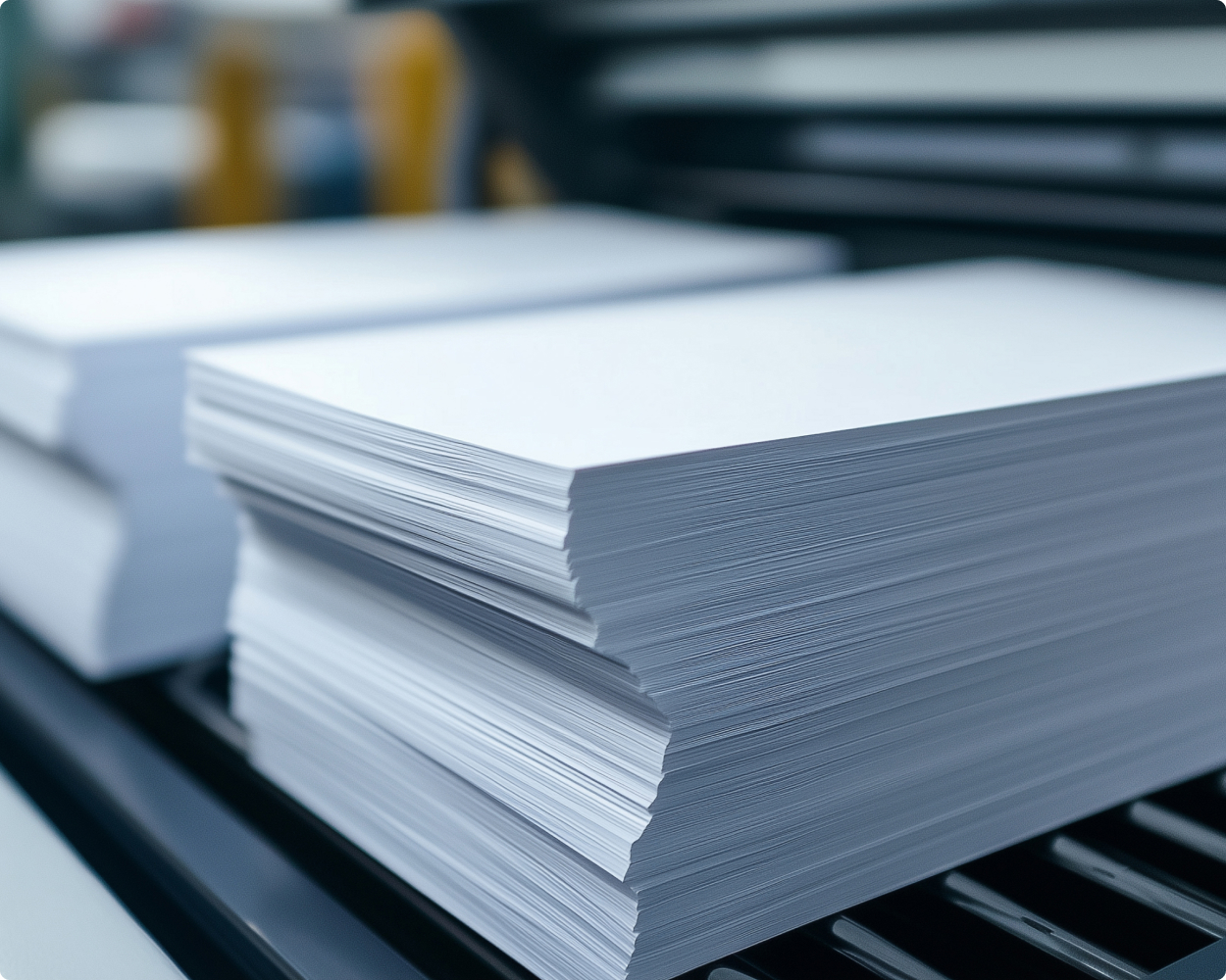 Zwei Papierstapel mit Papier von Berberich Papier. Einer von den Stapeln ist im Fokus.