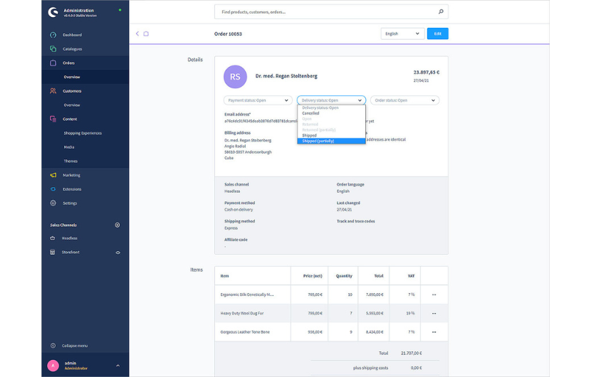 Screenshot der Verwaltung von Bestellungen im Shopware-Backend