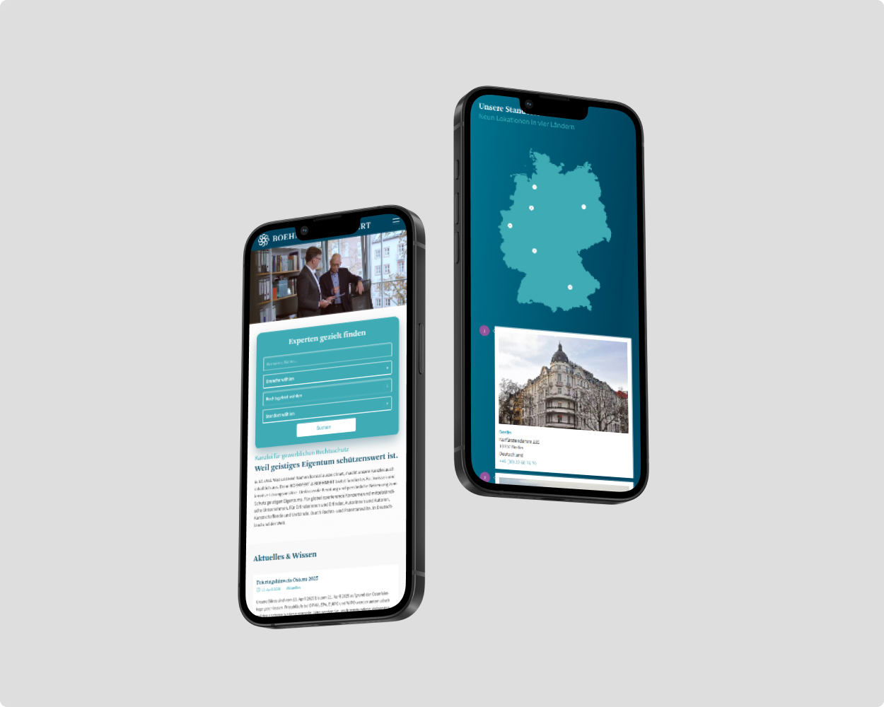 Mockup der boehmert und boehmert Website auf zwei Smartphones