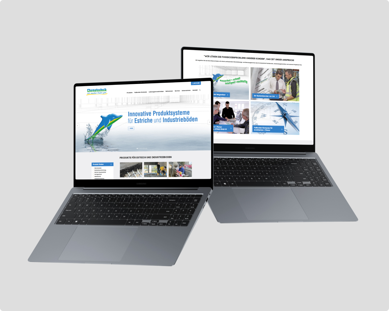 Ein Mitarbeiter der chemotechnik, der einen Boden eines Kunden ausgiest und dabei chemotechnik Produkte einarbeitet