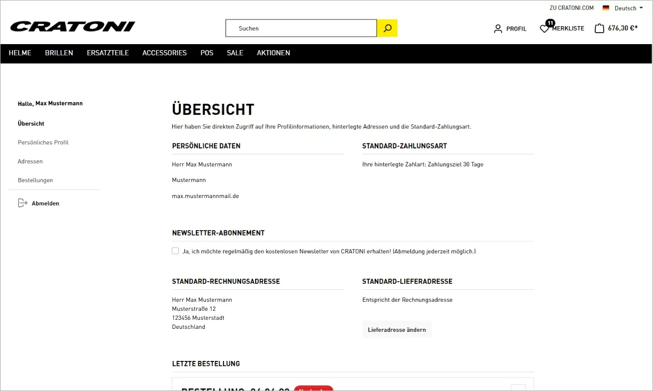 cratoni-automatisierung-schnittstelle.jpg Screenshot der Übersichtsseite des Cratoni-Shops. Unter der Überschrift "Übersicht" sind unter anderem die persönlichen Daten, die Standard-Zahlungsart und Standard-Lieferadresse hinterlegt und einzusehen.