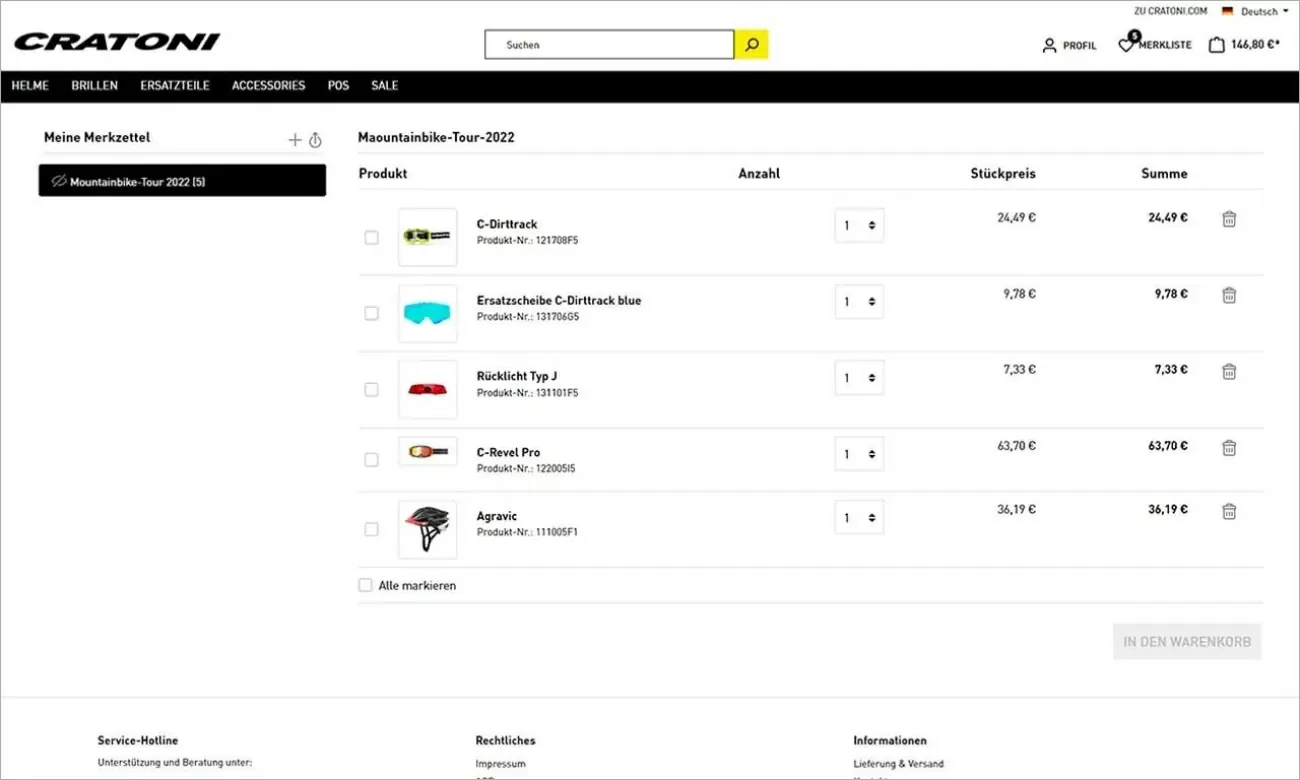 cratoni-individuelle-merkliste-b2b.jpg Screenshot der Merkliste des Cratoni-Onlineshops. Mehrere Produkte sind untereinander gelistet mit entsprechender Stückzahl, Stückpreis und Summe.