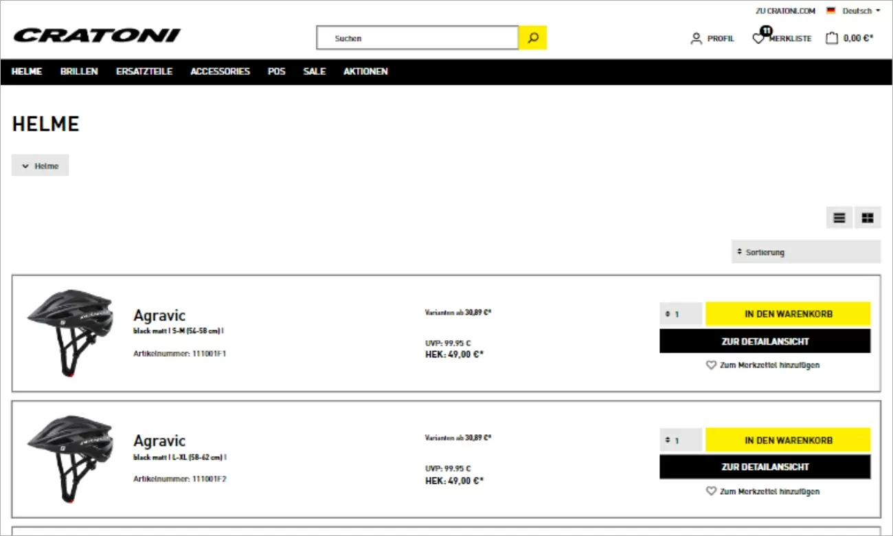 cratoni-umschaltbare-produktansicht.jpg Screenshot der Produktansicht "Helme" des Cratoni-Onlineshops. Zwei verschiedene Helm-Modelle sind untereinander gelistet.