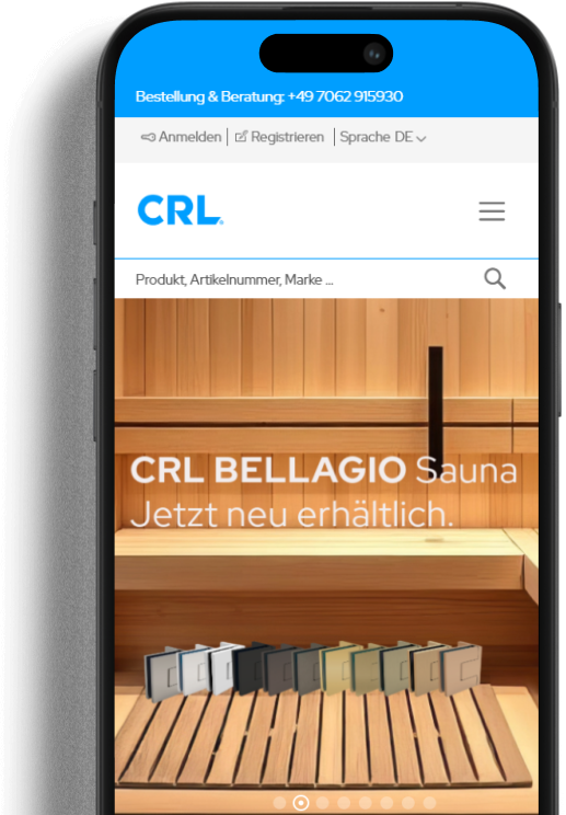 Mobile Website von CRL mit Sauna-Design im Hintergrund. Der Text im Bild lautet: 'CRL BELLAGIO Sauna – Jetzt neu erhältlich'. Oben befinden sich Suchleiste und Kontaktdaten.