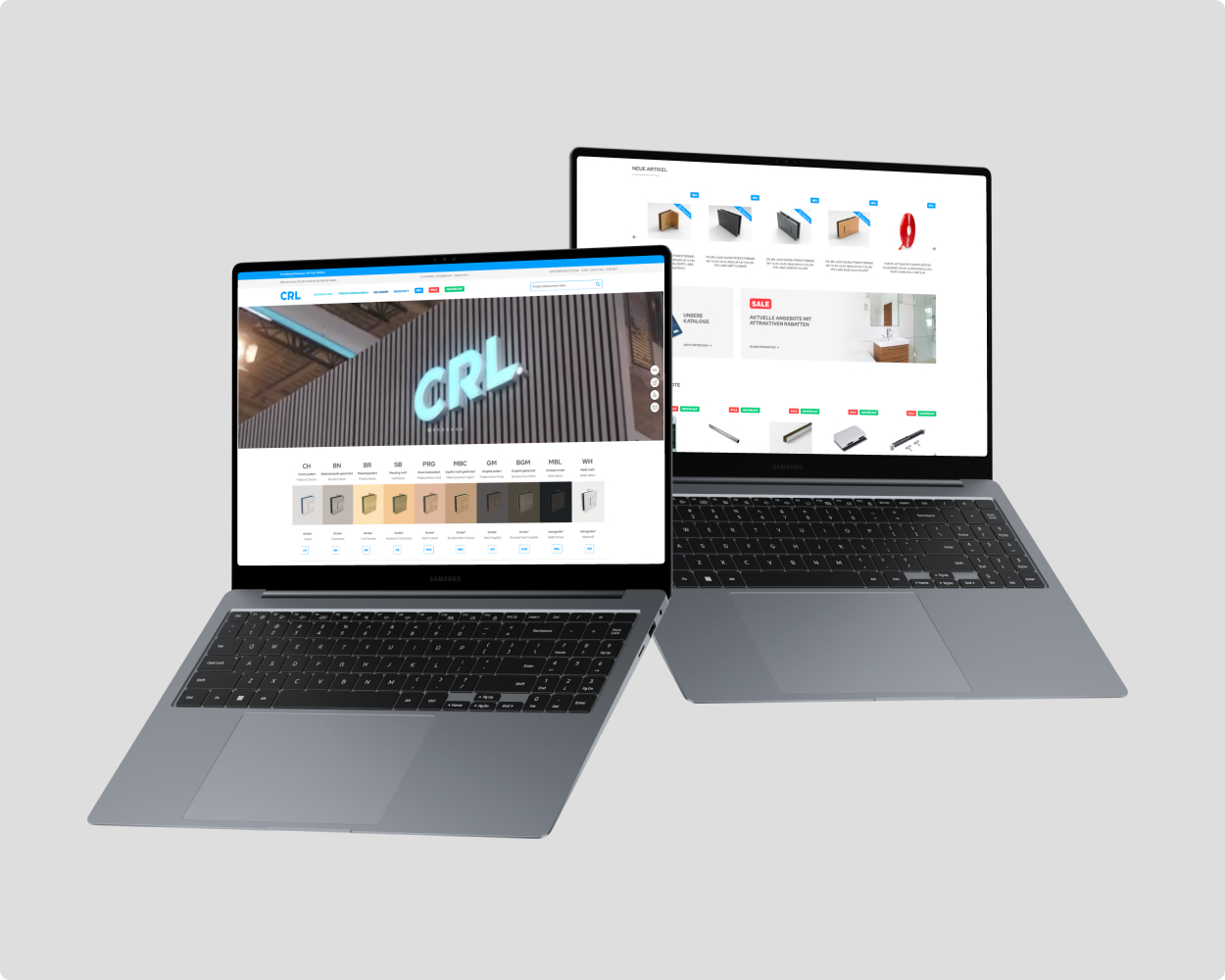 crl Website Mockup Eine Duschwand von crl, die aus Glas besteht steht im Vordergrund des Bildes