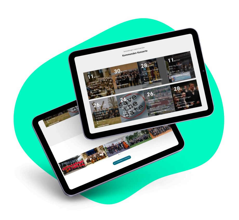 daimler-tablets Zwei Tablets liegen auf einer türkisenen Hintergrundgrafik. Auf den Tablets sind Seiten der DMG-Website abgebildet.