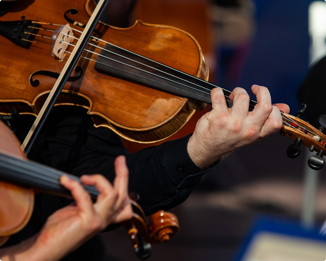 Zwei Geigenspieler vom Verein der Daimler Musikggemeinschaft stehen im Fokus während sie spielen