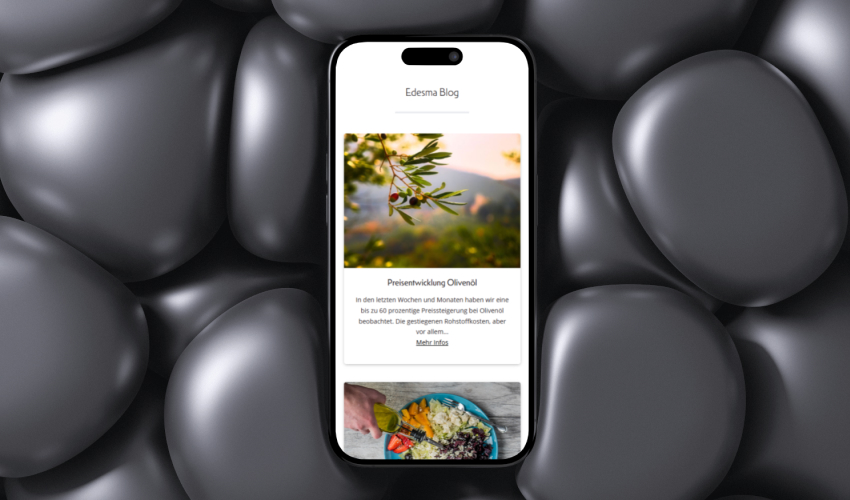 edesma-bilderreihe-2 Ein Smartphone liegt flach auf einer dunklen, steinigen Oberfläche. Auf dem Bildschirm des Smartphones ist der EDESMA-Shop abgebildet.