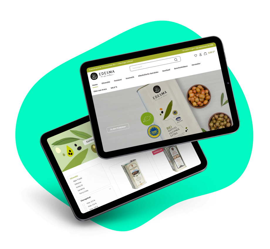 edesma-tablets Zwei Tablets liegen auf einer türkisenen Hintergrundgrafik. Auf den Tablets sind Produktseiten des EDESMA-Shops abgebildet.