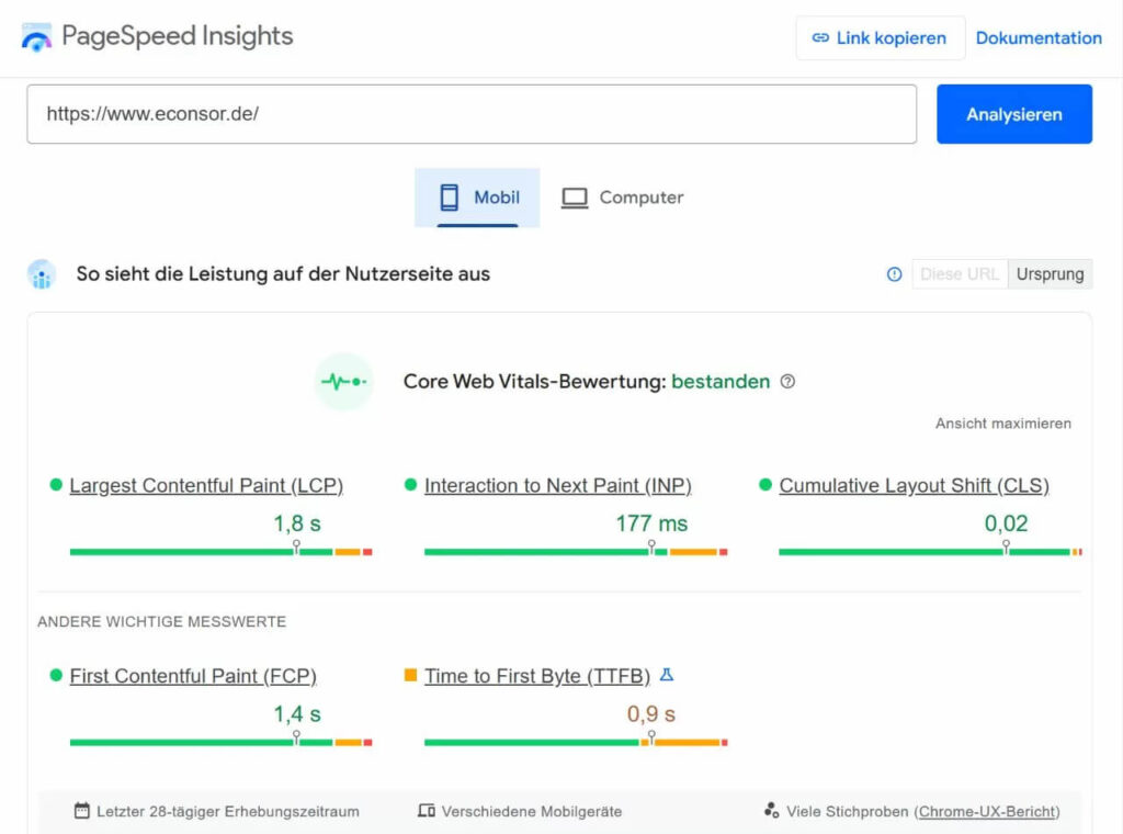 Leistung einer Webseite über Google PageSpeed Insights