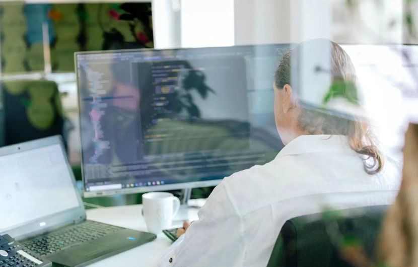 Ein Entwickler zeigt am Bildschirm Codebeispiele für individuelle Programmierlösungen, passend zu komplexen Webportal‑Anforderungen.