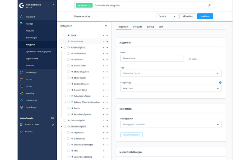 Screenshots von Kategorien im Shopware-Backend mit Home, Hauptnavigation und Footernavigation sowie Servicenavigation und Unterkategorien