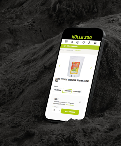 Ein Smartphone steht hochkant auf einem düsteren und unebenem Stein. Auf dem Bildschirm des Smartphones ist der Kölle Zoo-Shop abgebildet.