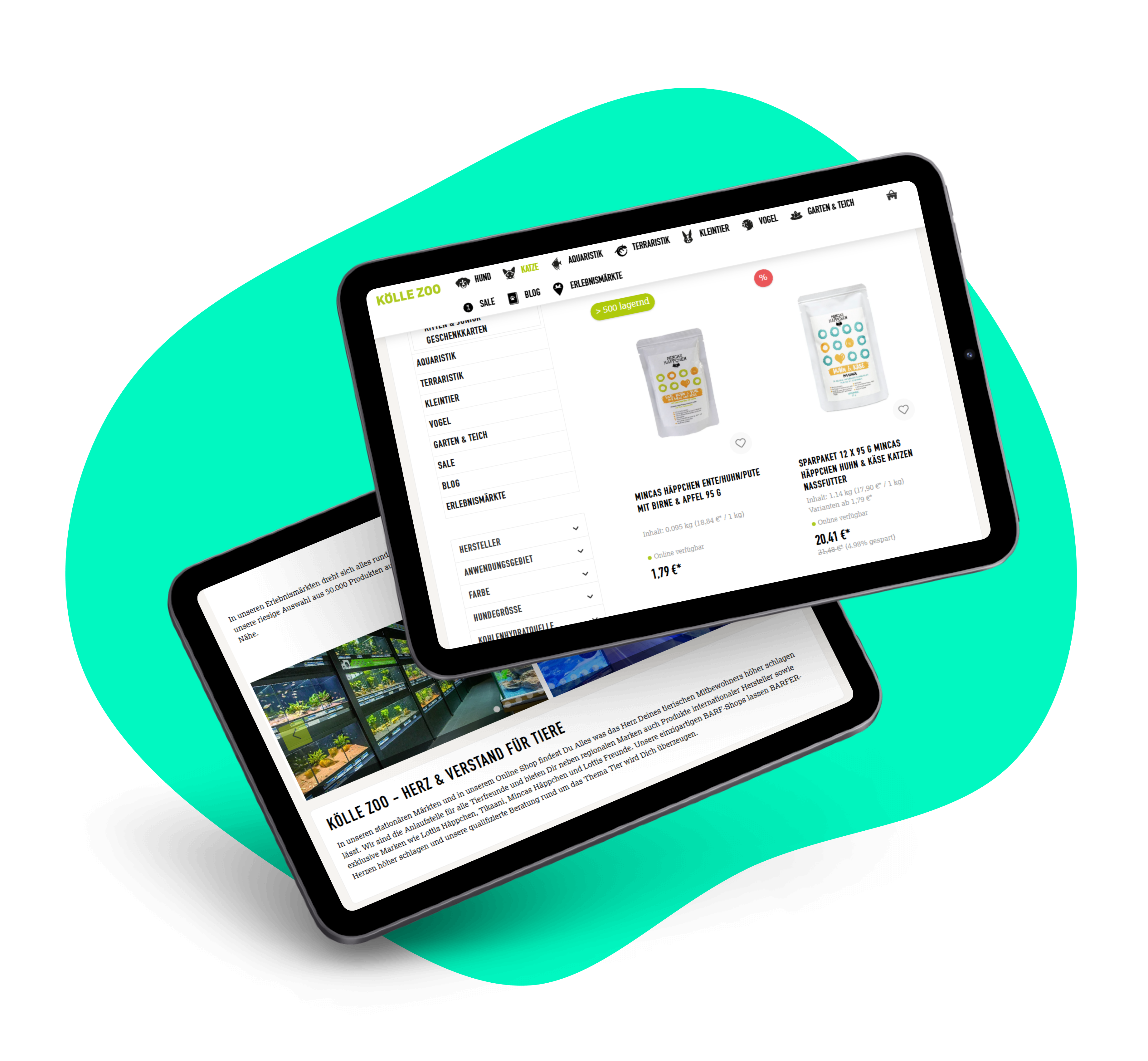 Zwei Tablets liegen auf einer türkisenen Hintergrundgrafik. Auf den Tablets sind Produktseiten des Kölle Zoo-Shops abgebildet.