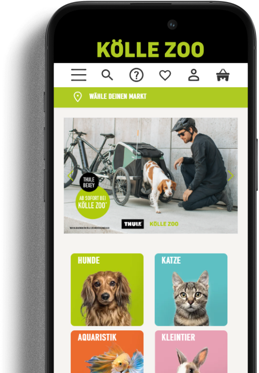 Mobile Ansicht des Kölle Zoo Onlineshops – umgesetzt mit Shopware. Die Startseite zeigt eine Produktempfehlung, Navigationselemente und Tierkategorien wie Hund, Katze, Aquaristik und Kleintier.