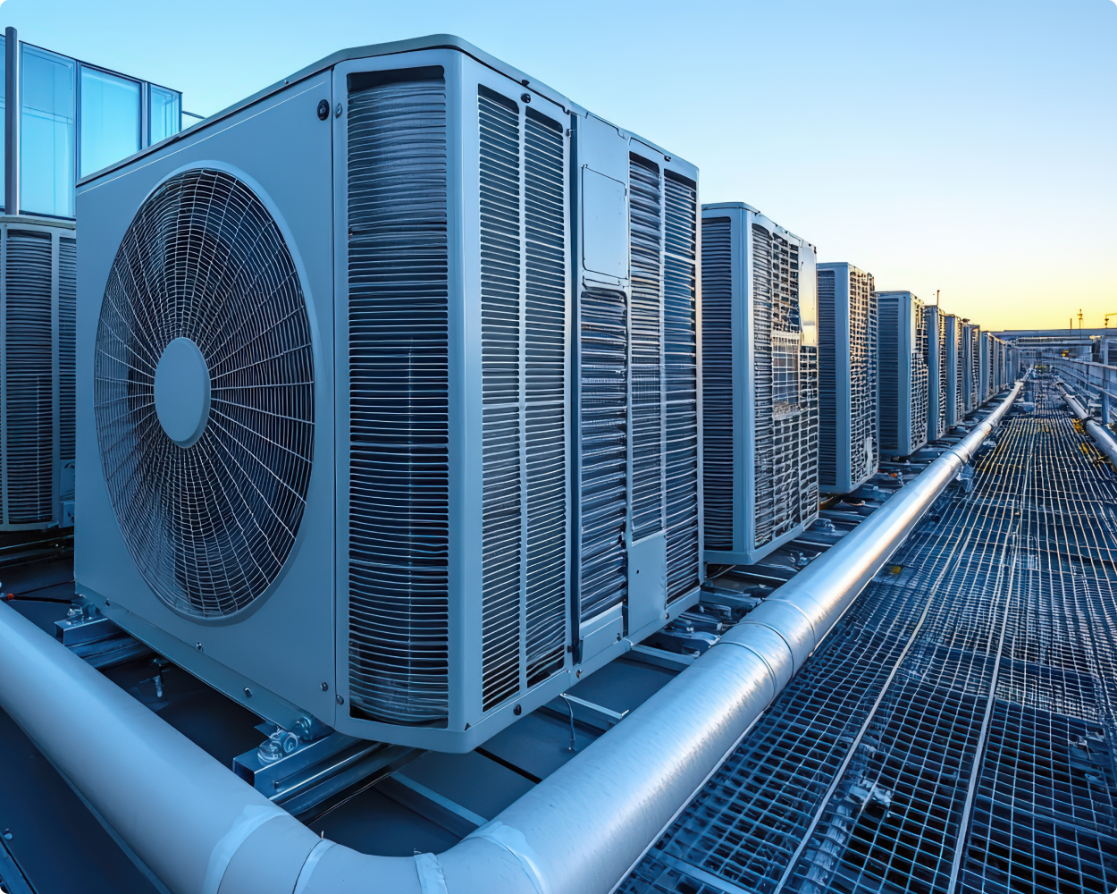 Große Industrieklimaanlagen auf einem Gebäudedach, ausgerichtet in einer Reihe mit sichtbaren Rohrleitungen und Gitterboden – moderne Gebäudetechnik bei Sonnenuntergang.
