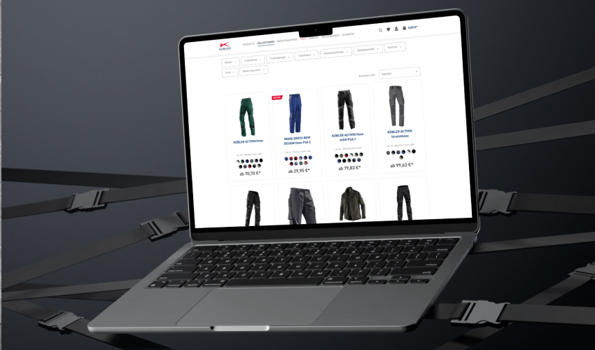 Ein geöffneter Laptop zeigt einen modernen Onlineshop für Outdoor-Bekleidung – entwickelt mit Shopware. Die Agentur setzt auf klare Benutzerführung, Variantenlogik und responsives Design.