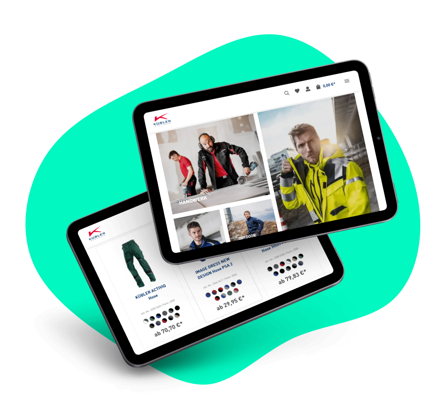 Zwei Tablet-Bildschirme zeigen verschiedene Seiten des Online-Shops von Kübler Workwear.