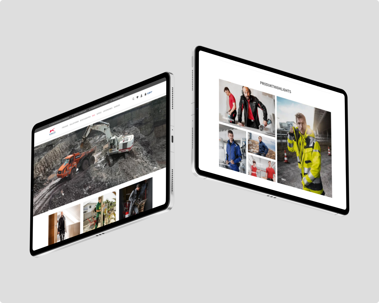 Mockup der kuebler workwear Website auf zwei Tablets